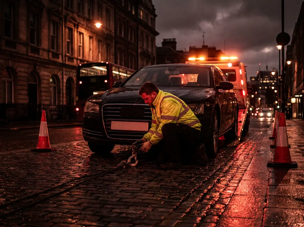 A damaged car being recovered after an accident