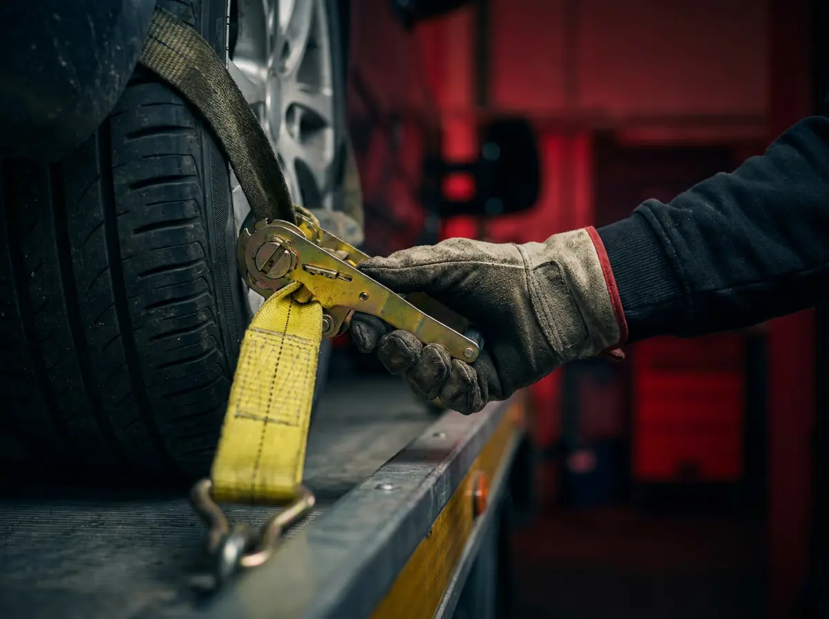 A car being secured carefully on a recovery truck