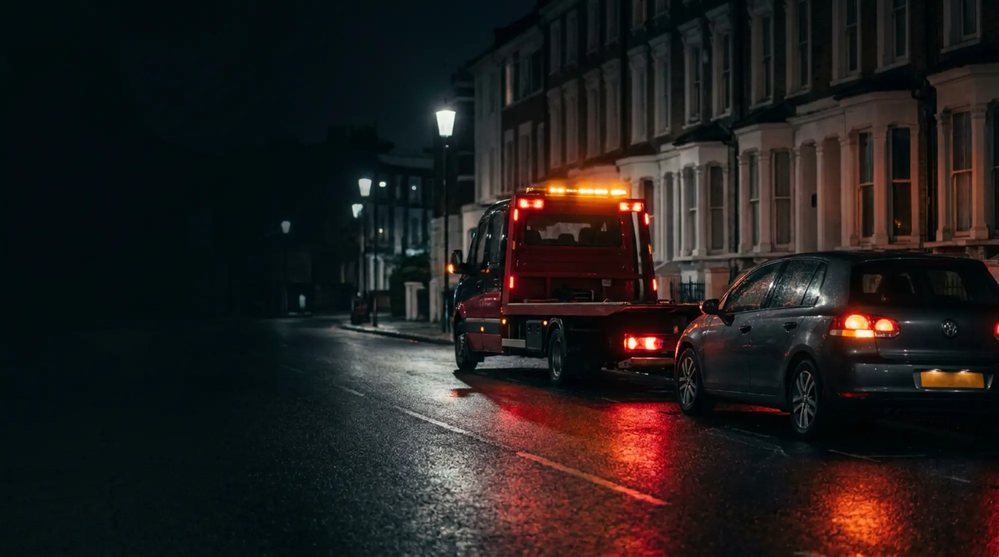 Red recovery truck on a London road at night