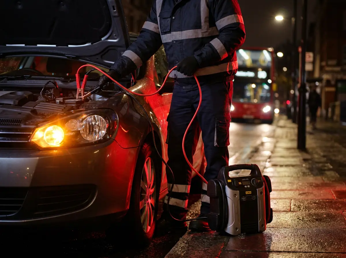 A technician giving roadside assistance to a broken-down car