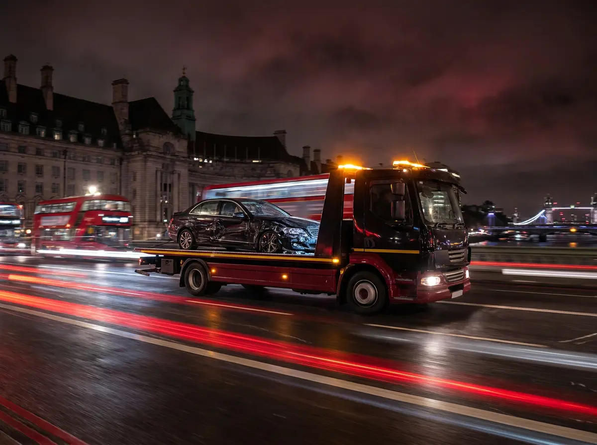 A recovery truck towing a car through London