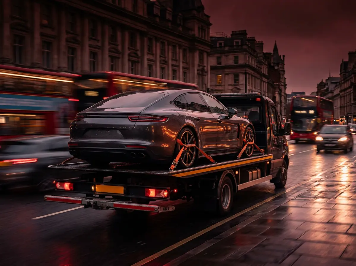 A vehicle being transported on a flatbed recovery truck